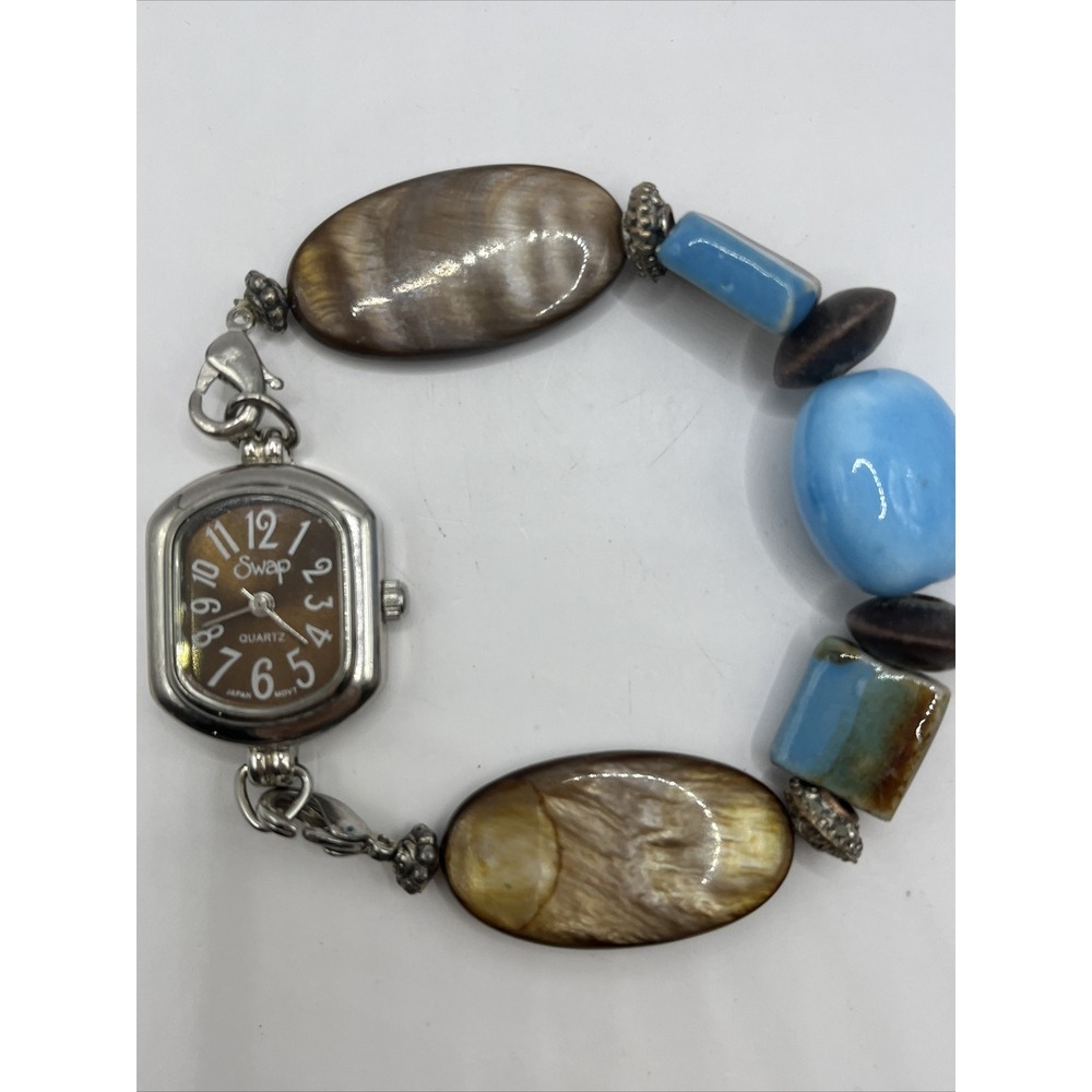 Swap Beehive Women's Watch‎ Brown & Blue Beaded Bracelet- New Battery